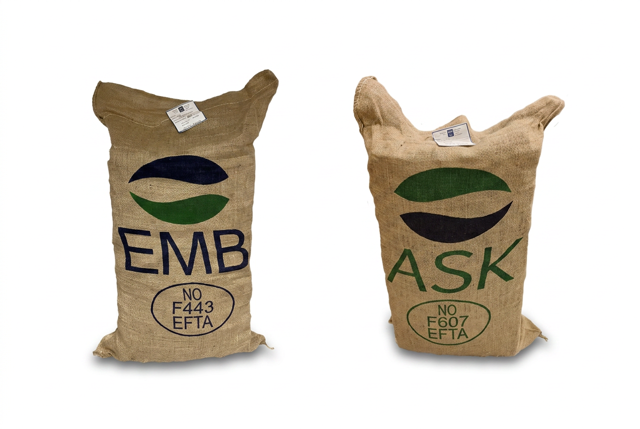 EMB and ASK branded burlap sacks